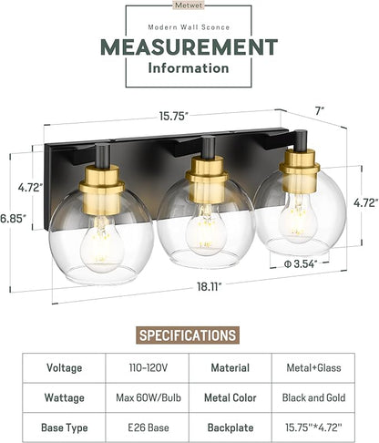 Bathroom Light Fixtures, 3-Light Black and Gold Bathroom Vanity Light, Modern Wall Sconces with Globe Clear Glass Shade, Vanity Lighting Fixtures Over Mirror, VL195-KG-3