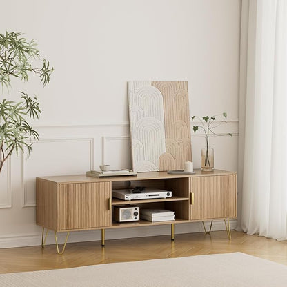 TV Stand for 55-65 Inch TV, Entertainment Center with Soft Hinge Door,TV Console Table with 2 Cabinets with Gold Handle and Feet,for Living Room, Bedroom, Oak