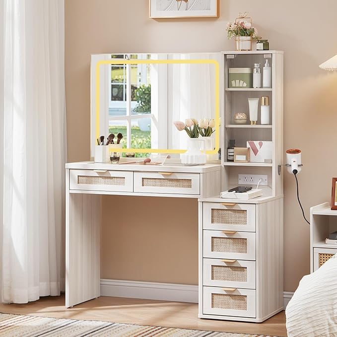 LEYAOYAO Rattan White Vanity Desk with Mirror and Lights, 43.5'' Boho Makeup Vanity with 6 Drawers and Adjustable Shelves, Make Up Vanity Dressing Table with Glass Top and Power Outlet for Bedroom