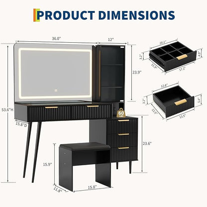 48" Makeup Vanity Desk with Mirror ＆ Lights, 4 Drawers & 3-Shelves Vanity Desk Set, 3 Color Lighting Modes ＆ Adjustable Brightness, Dressing Table Set w/Charging Station for Bedroom - Black