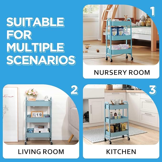 AGTEK Makeup Cart, Movable Rolling Organizer Cart, Grey-Blue 3 Tier Metal Utility Cart