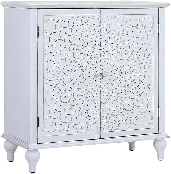 Sophia & William Accent Cabinet with Doors, Distressed Display Storage Cabinet with Wooden Frame and Carved Finch Feather Patterns for Entryway Living Room, White
