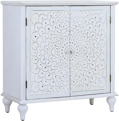 Sophia & William Accent Cabinet with Doors, Distressed Display Storage Cabinet with Wooden Frame and Carved Finch Feather Patterns for Entryway Living Room, White