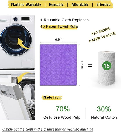 MoLKENE Swedish Dishcloths for Kitchen | 6 Pack Absorbent Cellulose Sponge Cloths Washable | Non-Scratch Reusable Paper Towels Quick Drying Cleaning Cloths - Purple