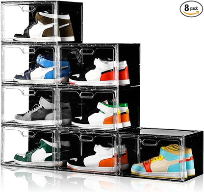 Amllas New 8 Pack Shoe Boxes Stackable, Large Shoe Storage Organizer with Lids,Drop Side Shoe Containers for Entryway,Sneaker Storage Fit up to US Size 13 for Men/Women(13’’x 10.6”x 8.3”)