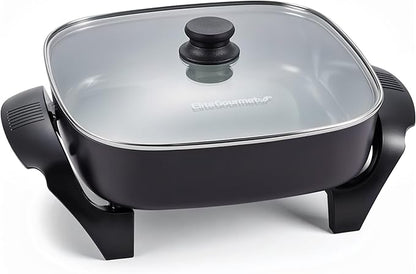 Elite Gourmet 12" x 12" x 3" Ceralast™ PFAS Free Ceramic Electric Skillet, Dishwasher Safe, Xtra Deep Dish, Rapid Heat 1200W, Black