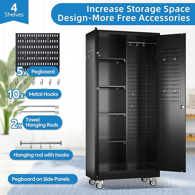 Garage Storage Cabinet with Wheels and 5 Pegboard, Broom Closet Storage Cabinet with Hanging Rod and 13 Hooks, Metal Cabinets with 4 Shelves for Garage, Home, 71"H x 31.5"W x 15.75"D, Black