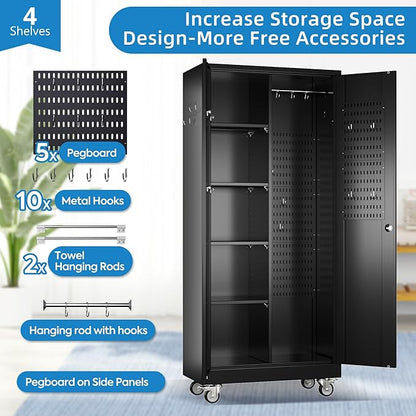 Garage Storage Cabinet with Wheels and 5 Pegboard, Broom Closet Storage Cabinet with Hanging Rod and 13 Hooks, Metal Cabinets with 4 Shelves for Garage, Home, 71"H x 31.5"W x 15.75"D, Black