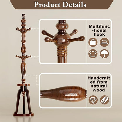 Coat Rack with 8 Hooks, Hall Tree Freestanding with Shelf, Wood Coat Tree Heavy Duty with Round Base, Standing Coat Rack, Load Capacity 220 lb, Coat Hanger Stand for Entryway Hallway Office 17.13x74"