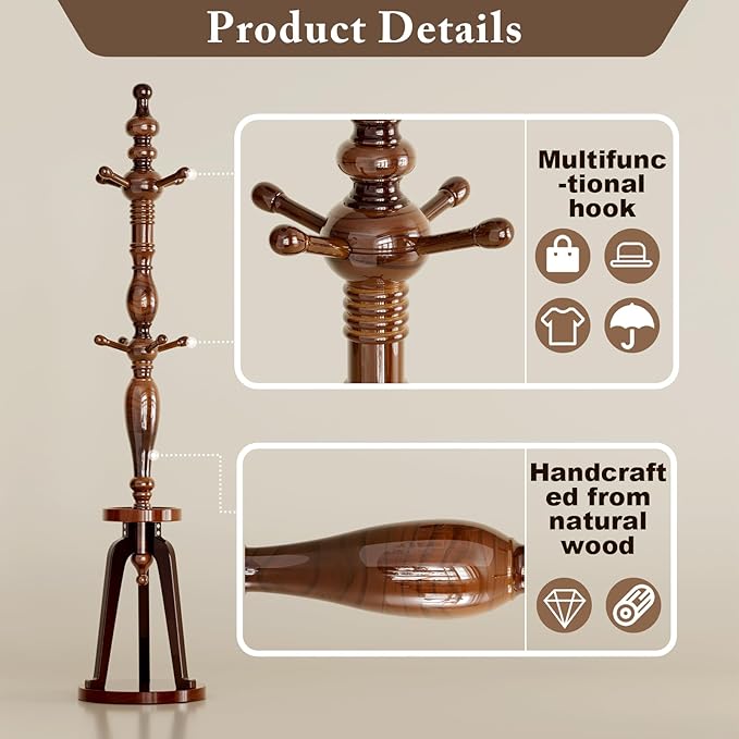 Coat Rack with 8 Hooks, Hall Tree Freestanding with Shelf, Wood Coat Tree Heavy Duty with Round Base, Standing Coat Rack, Load Capacity 220 lb, Coat Hanger Stand for Entryway Hallway Office, Black