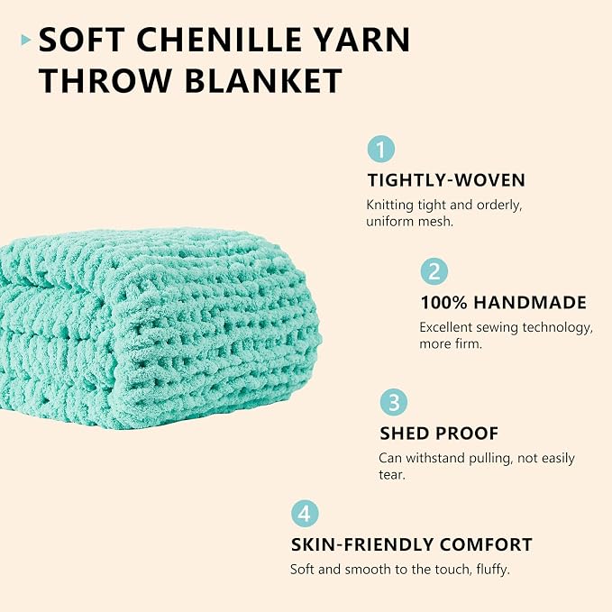 L'AGRATY Chunky Knit Blanket Throw: 50''x60'' Chenille Chunky Knitted Throw Blanket for Bed Couch - Handmade Thick Big Cable Knit Blanket - Large Crochet Rope Blankets for Home Decor(Lake Blue)