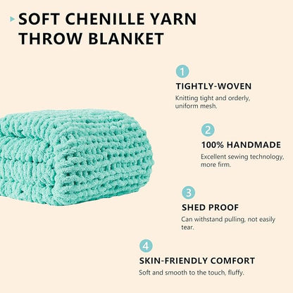 L'AGRATY Chunky Knit Blanket Throw: 50''x60'' Chenille Chunky Knitted Throw Blanket for Bed Couch - Handmade Thick Big Cable Knit Blanket - Large Crochet Rope Blankets for Home Decor(Lake Blue)