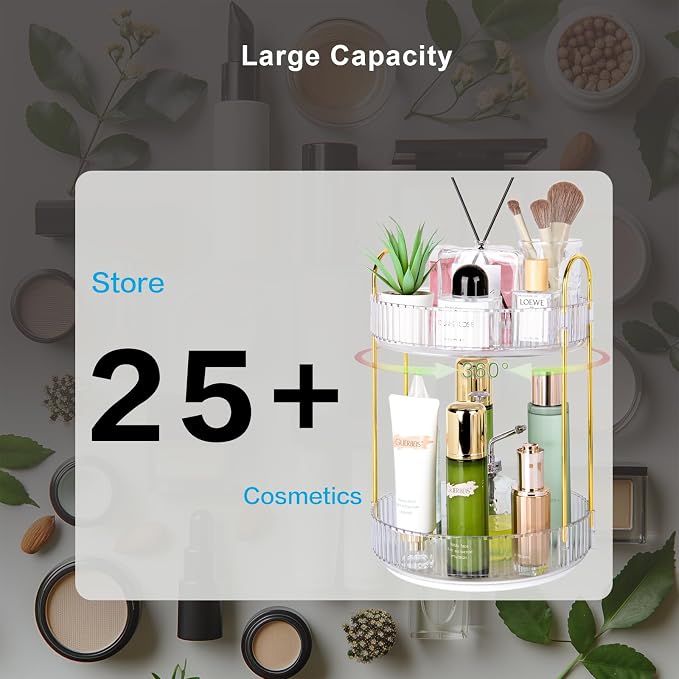 360 Rotating Makeup Organizer - Large Capacity Spinning Perfume & Cosmetic Skincare Holder for Countertop (Pearl White, 2 Tier)