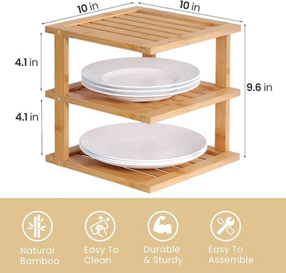 4 Pack Bamboo Corner Shelf,3 Tier Kitchen Cabinet Organizer for Plates and Dishes,Pantry Storage and Spice Rack（Natural）