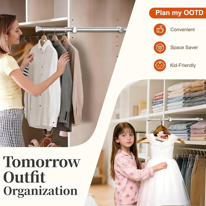 2Pcs Valet Rod for Closet Pull Out, Adjustable Heavy Duty Closet Valet Rod, Metal Stainless Steel Closet Rods for Hanging Clothes, Scarf, Pants