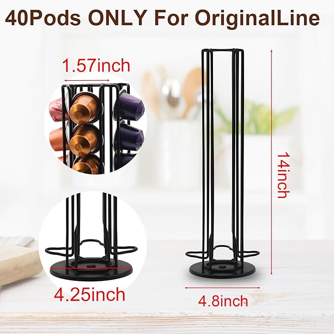 Coffee Pod Holder for Nespresso OriginalLine Capsules, Large Compacity Nespresso Capsule Holder, Coffee Pod Stand Holding 40 Small Nespresso Pods, Nespresso OriginalLine Organizer, Black