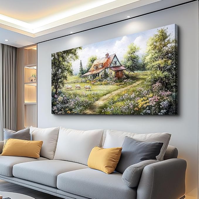 QIYILEXWART Canvas Wall Art For Living Room Wall Decor For Bedroom Office Wall Decorations Modern Grassland Paintings The Hut Pictures Artwork Room Aesthetic Home Decor Ready To Hang