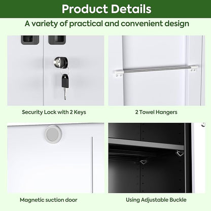 Broom Closet Storage Cabinet with Wheels and Pegboard, Metal Garage Storage Cabinet with Magnetic Doors,Adjustable Shelves for Garage Home Office,Required Assembly,Black and White,71"H×15.75"D×31.5"W