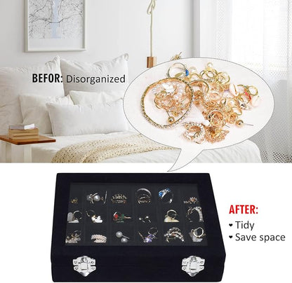 Vicoter Velvet Jewelry Box 24 Grid Jewelry Ring Display Organiser Box Tray Holder Earrings Storage Case for Girls Wife Mom Women (Black)