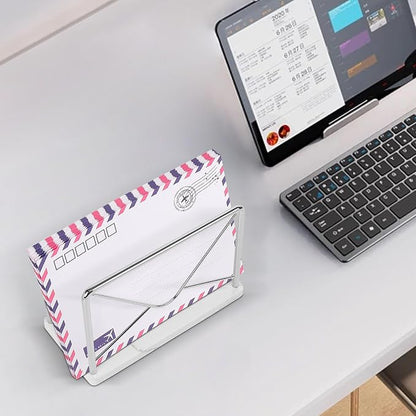 Modern Mail Holder for Home Office, Metal Letter Organizer Sorter for Desk, Cutout Mail Envelope Design, Bill Filling Paper Document Rack, Envelope Storage Rack with Marble Base (Chrome)