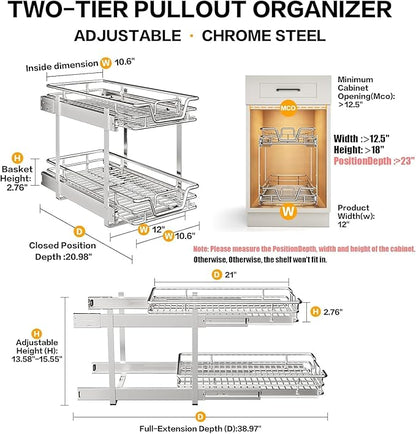 2-Tier Kitchen Cabinet Pull Out Shelf and Drawer Organizer Slide Out Pantry Storaqe Basket in Multiple Sizes (11" W x 18" D)