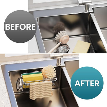 TAILI 4-in-1 Sponge Holder for Kitchen Sink with Strong Suction Cup Removable, Rustproof Aluminum Sink Caddy for Sponge, Brush, Scrubber, Scraper -Silver