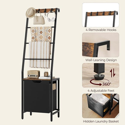MAHANCRIS Blanket Ladder, 4-Tier Towel Rack with Pull-Out Laundry Basket & Removable Hooks, Ladder Shelf Stand, Wall-Leaning Blanket Rack for Living Room, Bedroom, Rustic Brown and Black TRHR4401