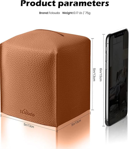 Tclouda Tissue Box Cover for PU Leather, Modern Simple Solid Color Holder Square Tissue Bag, Ideal for Bathrooms,Office,Car,Nightstand,Outdoor Tent,Dining Table,5"X5"X5", Double Camel