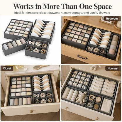 Drawer Organizer Clothes Set, 4 Pack Foldable Dresser Closet Dividers (6/8/7/24-Cell), Non-Woven Underwear & Sock Drawer Organizer, Bra/Tie/Belt Storage Bins (Dark Grey)