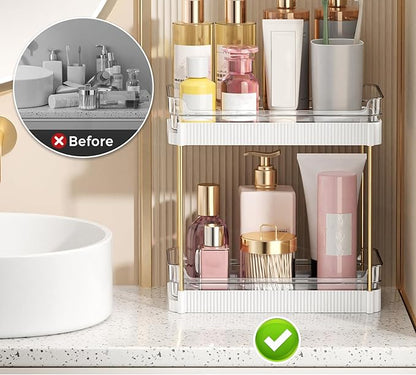 2 Tier Bathroom Counter Organizer, Removable Clear Tray Vanity Shelf for Makeup, Perfume, Skincare,Slide out Cosmetics Countertop Storage Rack for Bathroom Dresser，White