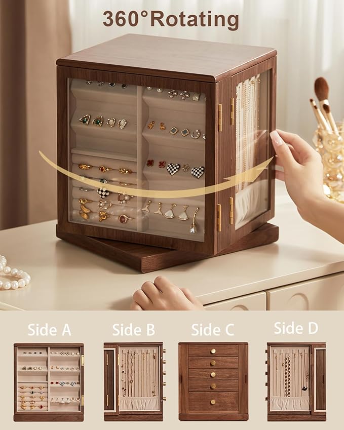 Black Walnut Wooden Jewelry Box - 360° Rotating Jewelry Organizer for Women with 5 Drawers for Rings,Necklaces,Earrings and Bracelets -Large Storage Case - Christmas Gift idea