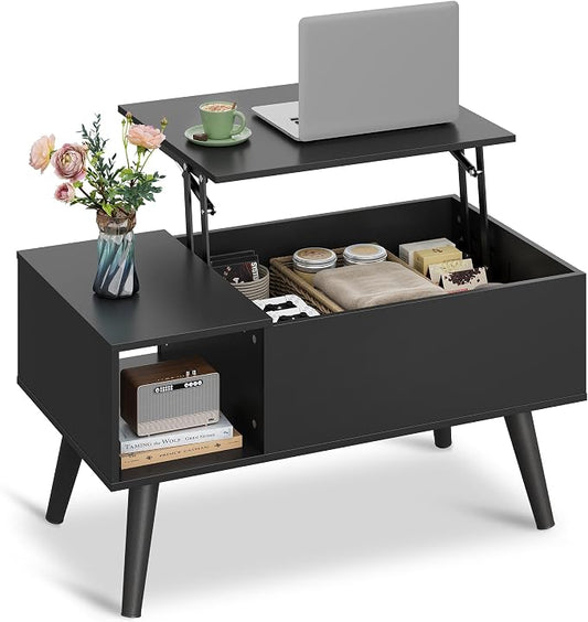 WLIVE Coffee Table for Living Room, Small Coffee Table with Storage, Lift Top Modern Wooden Dining Center Table with Storage Shelf & Hidden Compartment, 31.5" Black