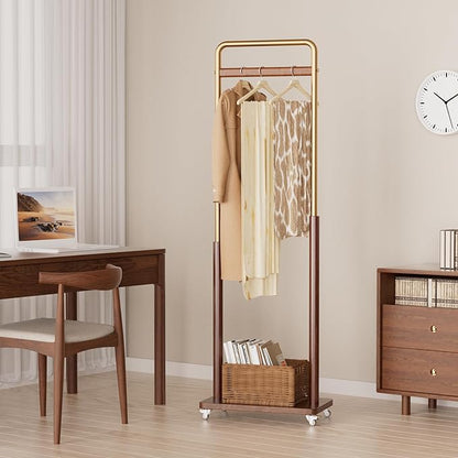 Clothes Rack Solid Wood Coat Rack, Metal and Solid Wood Combination Clothing Rack with Wheels for Entryway, Bedroom, Living Room, Coat Racks Freestanding for Hanging Clothes Garment Scarf