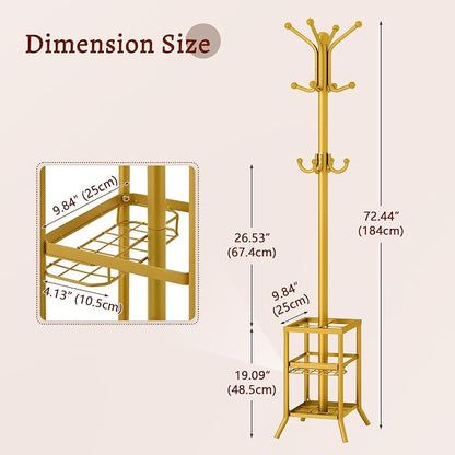 FAVOOSTY Coat Rack Freestanding,Coat Rack Stand with Umbrella Holder,Metal Coat Tree with 12 Hooks,Tree Clothes Hat for Entryway, Hallway, Bedroom, Living Room & Office -Glod