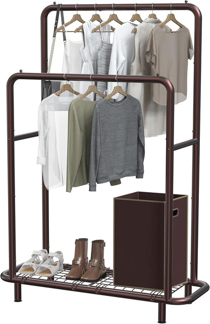 Simple Houseware Double Rod Clothing Garment Rack with Bottom Shelves, Bronze