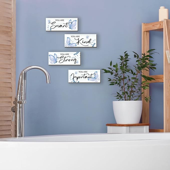 DONFENTHY 4 Pcs Butterfly Wall Decor Blue Room Decor Wooden Positive Decor with Butterfly Inspirational Word Sign for Teen Girls Women Room Bathroom Bedroom Office Decor(Blue,10x4 Inch)