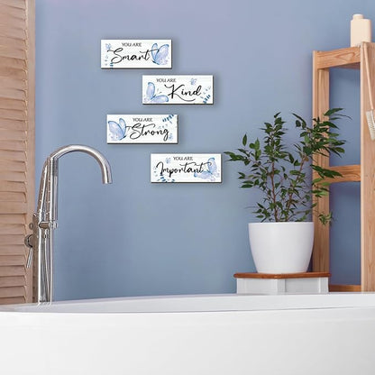 DONFENTHY 4 Pcs Butterfly Wall Decor Blue Room Decor Wooden Positive Decor with Butterfly Inspirational Word Sign for Teen Girls Women Room Bathroom Bedroom Office Decor(Blue,10x4 Inch)