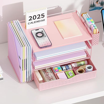 gianotter Wood Desk Organizers and Accessories with File Holder, 4-Tier Desk Accessories & Workspace Organizers with Drawer and Pen Holder, Paper Organizer for Office Supplies (Pink)