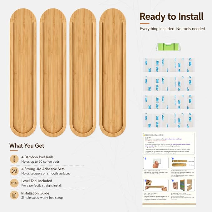 Bamboo Coffee Pod Holder, Adhesive Wall Mount (No Drilling) for Inside Cabinet Door, 20-Capsule Storage (Set of 4), Vertical & Horizontal, Compatible with Nespresso Vertuo Line-Bamboo Brown