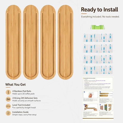 Bamboo Coffee Pod Holder, Adhesive Wall Mount (No Drilling) for Inside Cabinet Door, 20-Capsule Storage (Set of 4), Vertical & Horizontal, Compatible with Nespresso Vertuo Line-Bamboo Brown