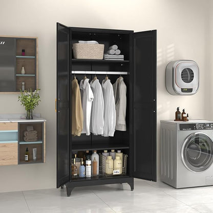 SteeLoong Metal Wardrobe Cabinet with Hanging Rod, 71" Tall Armoire Wardrobe Closet with 2 Doors and Adjustable Shelves, Black Clothing Storage Cabinets for Bedroom, Laundry Room, Cloak Room