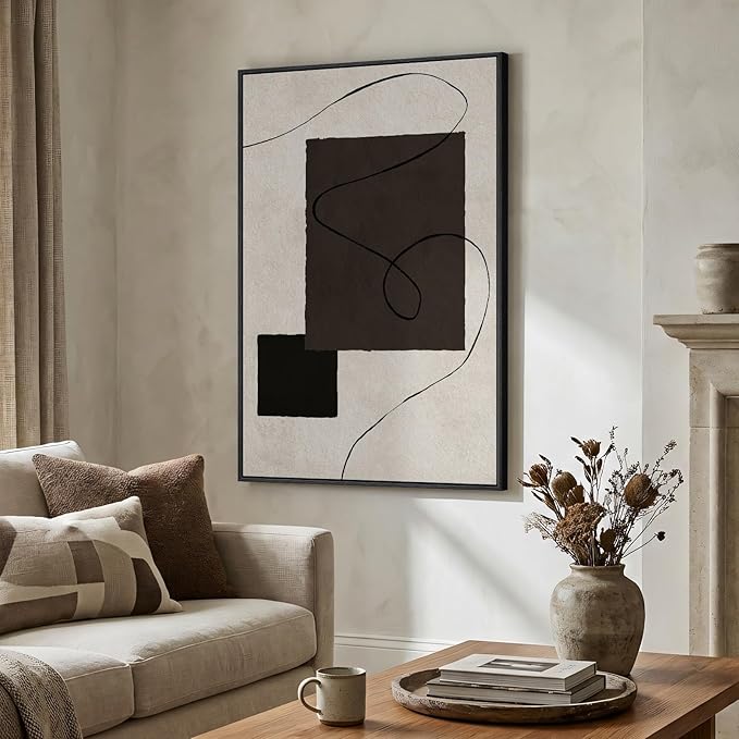 Framed Neutral Abstract Wall Art, Modern Black and Beige Canvas Prints Paintings Artwork for Walls, Contemporary Minimalist Geometric Shape Line Pictures for Dining Bedroom Hallway Wall Decor 24x36 In