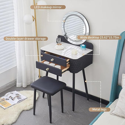 Makeup Vanity with Round Mirror, Light,Two Drawers, Cushioned Stool Set.Small Dressing Table for bedrooms and Dressing Rooms.Black