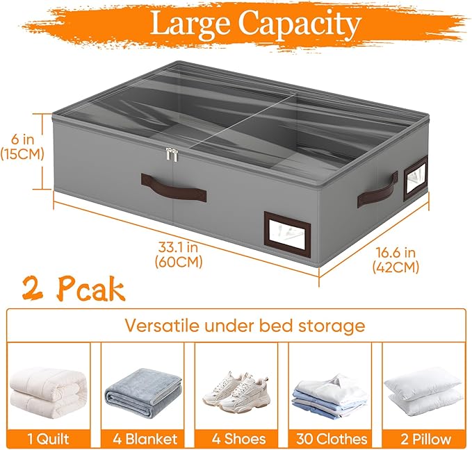 OIAHOMY 2 Pack 38L Under Bed Storage with Adjustable Dividers, 6" Low Profile Underbed Storage Bins for Comforters & Clothes, Save Closet Space with Clear View Lid & Reinforced Handles, Grey