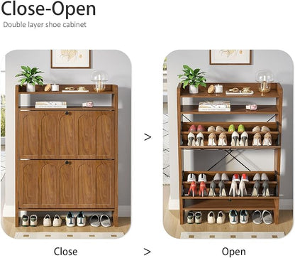 Shoe Storage Cabinet for Entryway with 2 Flip Drawers, Narrow Shoe Cabinet with Open Storage for Entryway