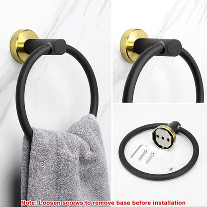 NearMoon Bath Towel Ring, Bathroom Hardware Accessories-Thicken Stainless Steel Hand Towel Holder for Bathroom, Modern Round Towel Hanger Wall Mounted (Black and Gold, 1 Pack)