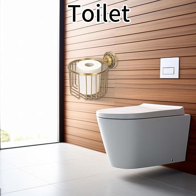 Antique Toilet Paper Holder Basket, Brass Antique Toilet Paper Holder Wall Mounted with Stable Metal Stand, Vintage Bathroom Decor Toilet Roll Holder with Shelf, Tissue Paper Roll Dispenser