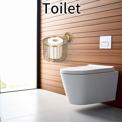 Antique Toilet Paper Holder Basket, Brass Antique Toilet Paper Holder Wall Mounted with Stable Metal Stand, Vintage Bathroom Decor Toilet Roll Holder with Shelf, Tissue Paper Roll Dispenser