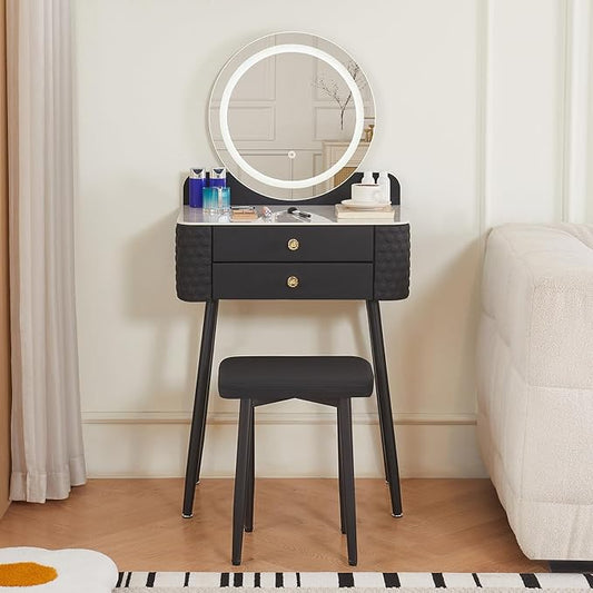 Makeup Vanity with Round Mirror, Light,Two Drawers, Cushioned Stool Set.Small Dressing Table for bedrooms and Dressing Rooms.Black