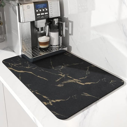 AMOAMI-Coffee Mat Hide Stain Rubber Backed Absorbent Dish Drying Mat for Kitchen Counter-Coffee Bar Accessories Fit Under Coffee Maker, Espresso Machine, Pot, Dish Rack Black&Gold